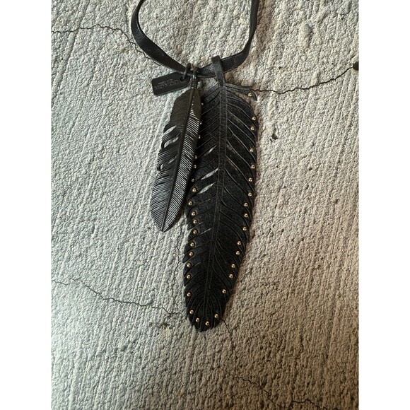 NWT Coach Black Metal and Leather Strap Feather Necklace 28" - Picture 6 of 15